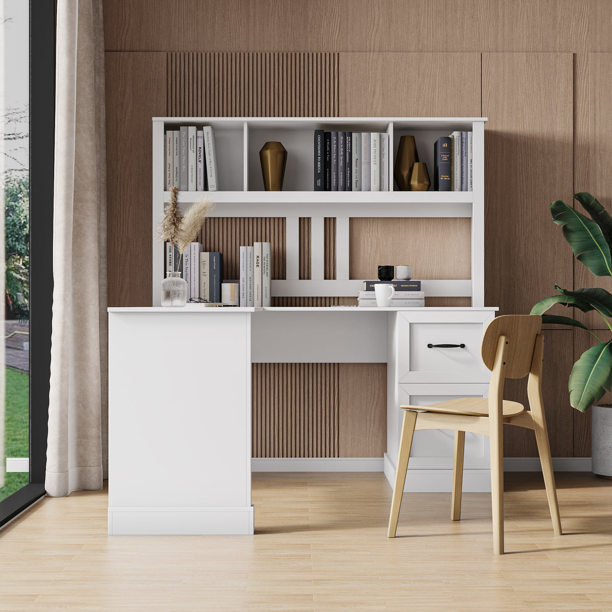 Home Office Computer Desk With Hutch, Antiqued White Finish