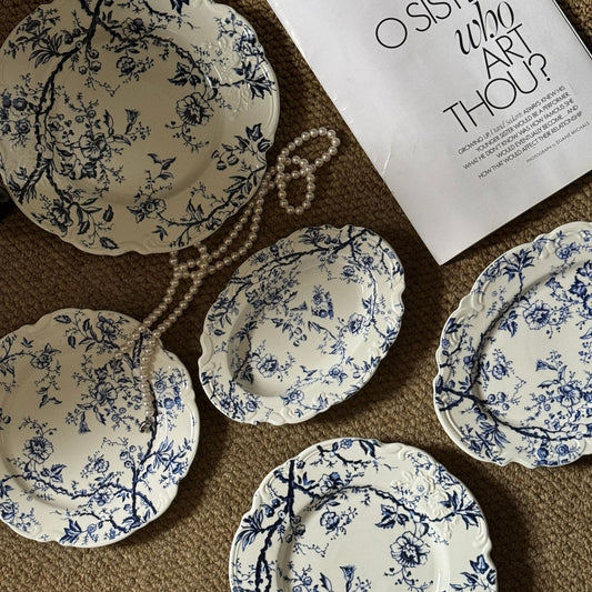French Embossed Blue-and-White Dinnerware Set