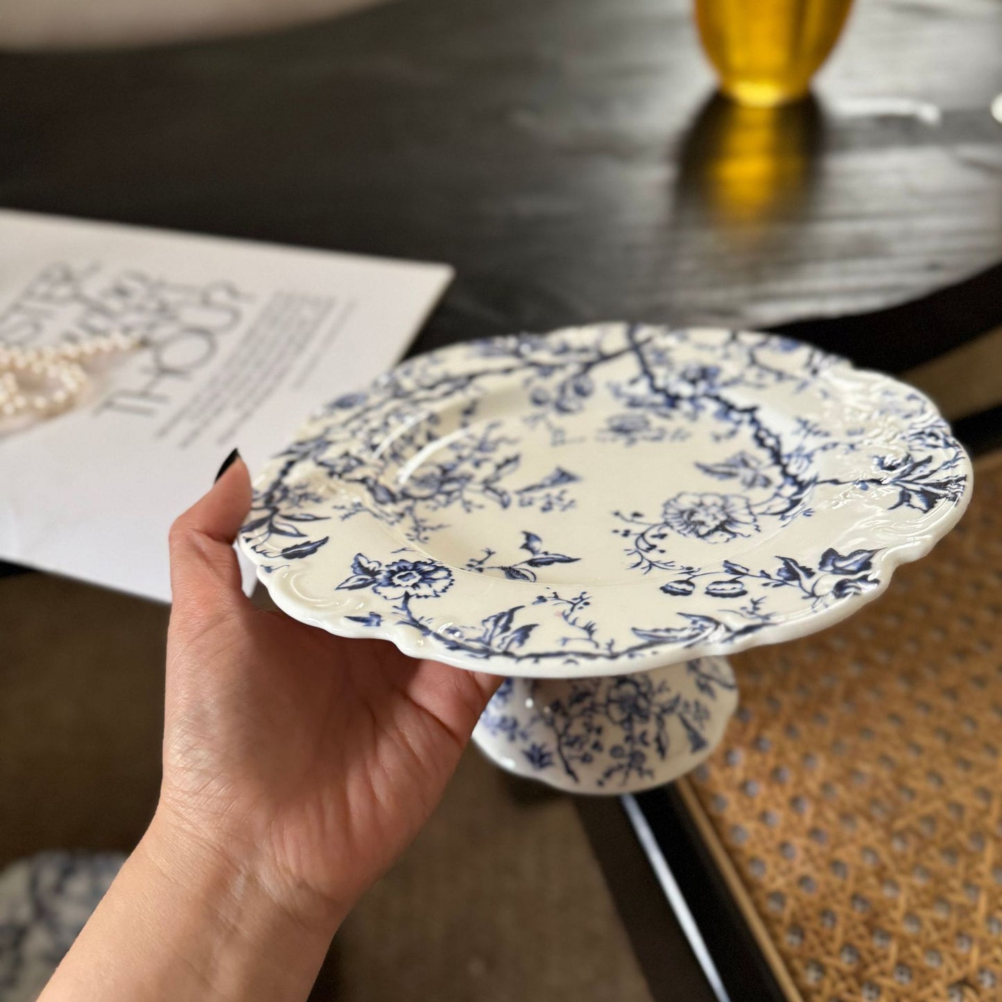 Vintage French embossed lace blue-and-white ceramic dinner plates, bowls and cups, tall plates, cups, and plates vintage series