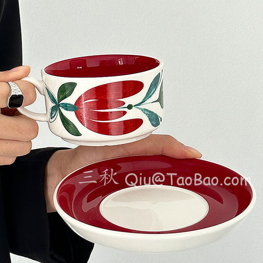 Sanqiu Sanq Vintage Hand-Painted Hibiscus Coffee Cup and Saucer, Vintage Style Afternoon Tea Cup Set Niche Gift