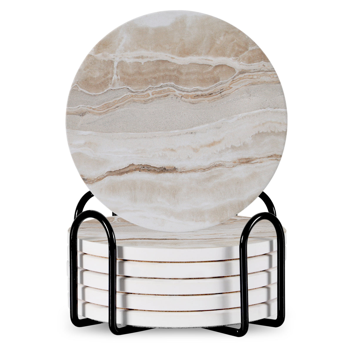 Set Of 6 Beverage Coasters With Stand Round 4in Ceramic Coaster With Metal Stand Absorbent Marble Stone Coaster With Cork Base