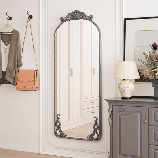 58x24 Arched Full Body Mirror With Vintage Ornate Carved Applique On Top And Bottom, Hanging Wall Mounted Mirror, For Living Room Bedroom Retro Home Decor Mirror, Antique Silver