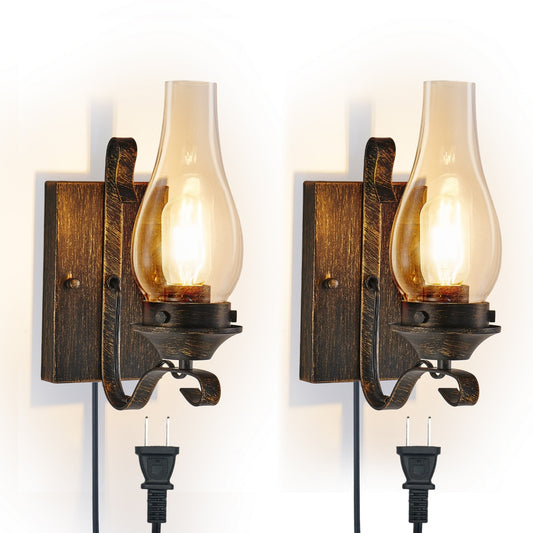 Only Supports Plug-in   Rustic Farmhouse Wall Sconces Set Of 2, Vintage Industrial Plug-in Wall Lights With Clear Glass Shade, Black And Gold Finish For Bedroom, Living Room, Or Hallway   No Bulbs