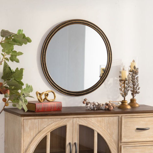 Round Decorative Wall Mirror, Vintage Gold Beaded Frame, For Living Room Bedroom Bathroom Home Decor