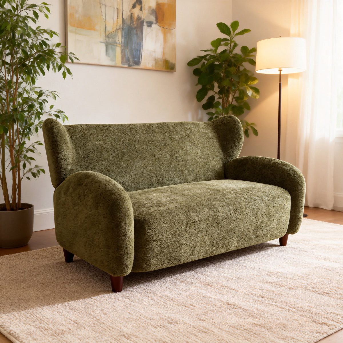 Nordic Chair Laid-back Style Loveseats 58 Inches - Chenille Fabric Sofa Chair, Decorative Sofa, Curved Backrest, Living Room Study Leisure Room ,Olivegreen