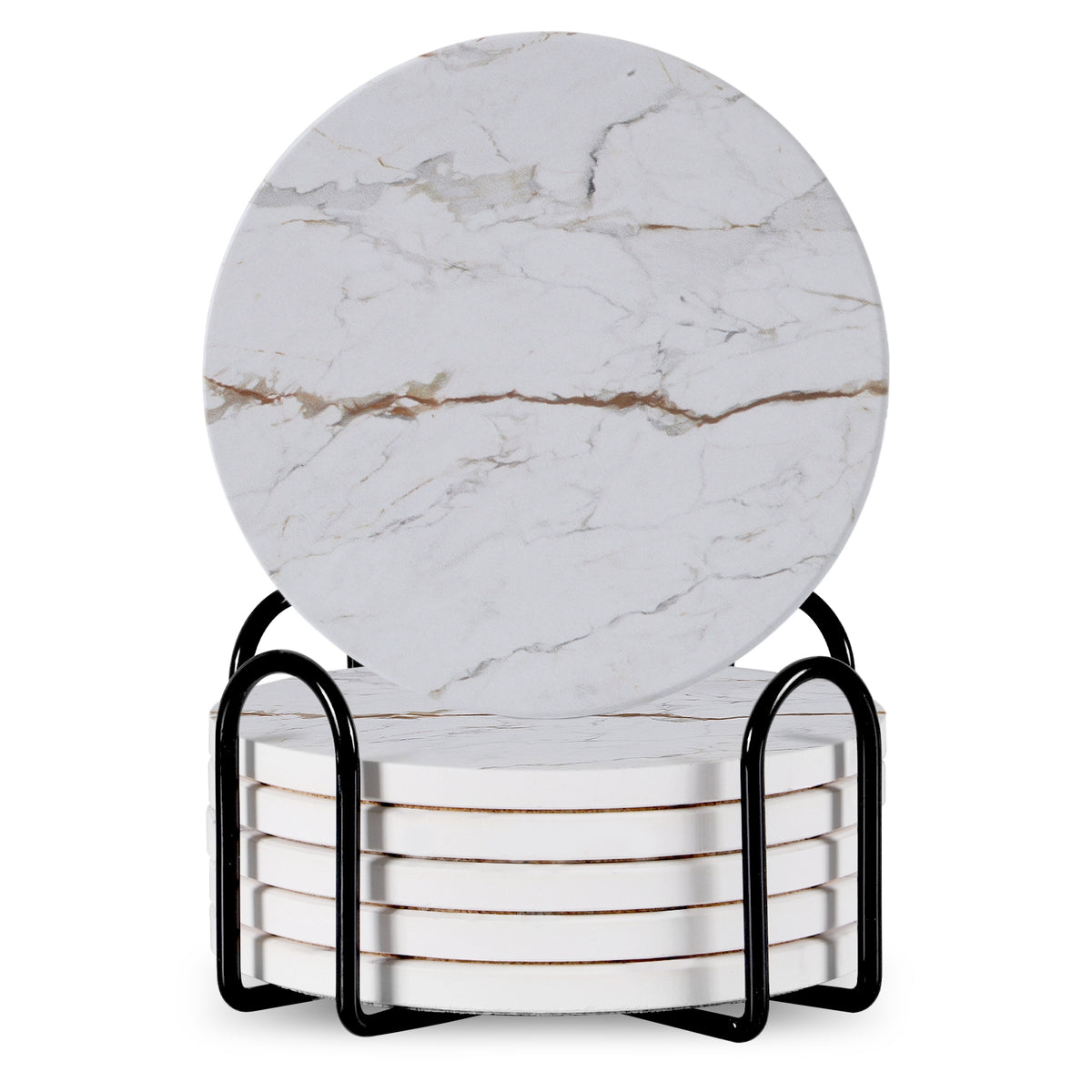 Set Of 6 Beverage Coasters With Stand Round 4in Ceramic Coaster With Metal Stand Absorbent Marble Stone Coaster With Cork Base