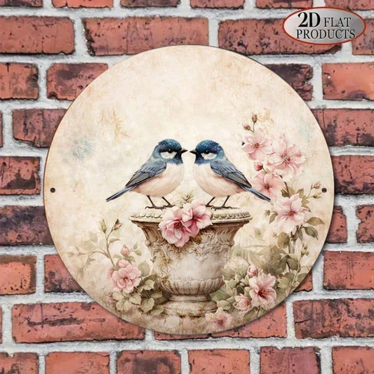 Vintage Bird & Flower Round Sign 8x8in Chinese Style Yard Decor