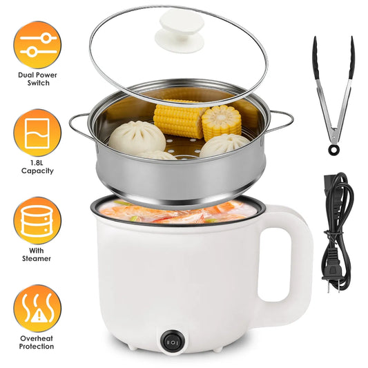 1.8L Electric Hot Pot with Ceramic Inner Liner, Dual Power 300W/600W Multi-Cooker with Steamer Rack, Auto Shut-Off Dry-Boil Protection, Portable Electric Cooker for Dorm Office Travel