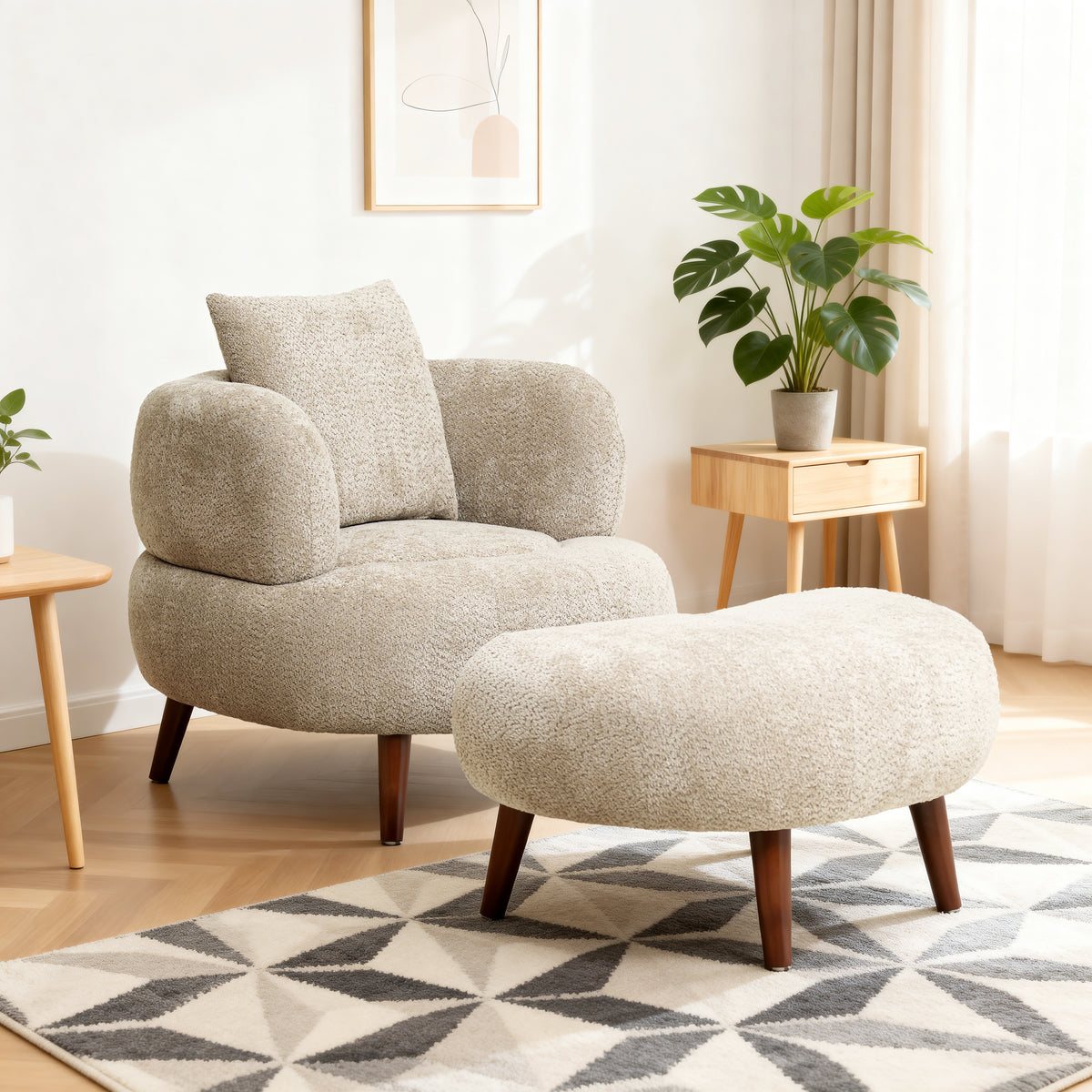 Nordic Style Lazy-Style Clubchair  36 Inches Chenille Fabric Bucket Chair  Decorative Chair  Soft Cushion With Pillow  With Ottoman  For Living Room  Study And Relaxation Room  Camel