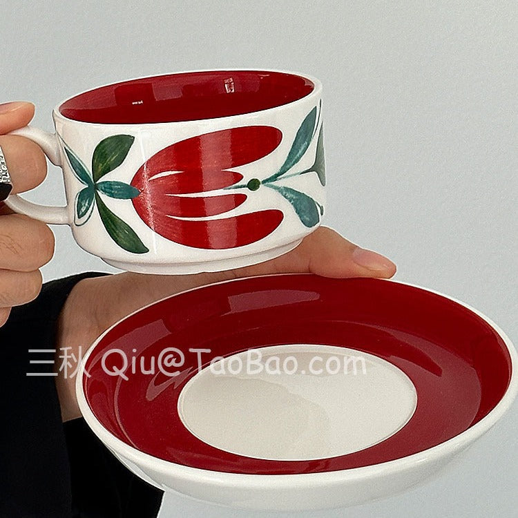 Sanqiu Sanq Vintage Hand-Painted Hibiscus Coffee Cup and Saucer, Vintage Style Afternoon Tea Cup Set Niche Gift