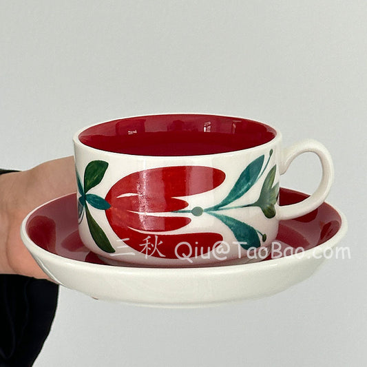 Sanqiu Sanq Vintage Hand-Painted Hibiscus Coffee Cup and Saucer, Vintage Style Afternoon Tea Cup Set Niche Gift