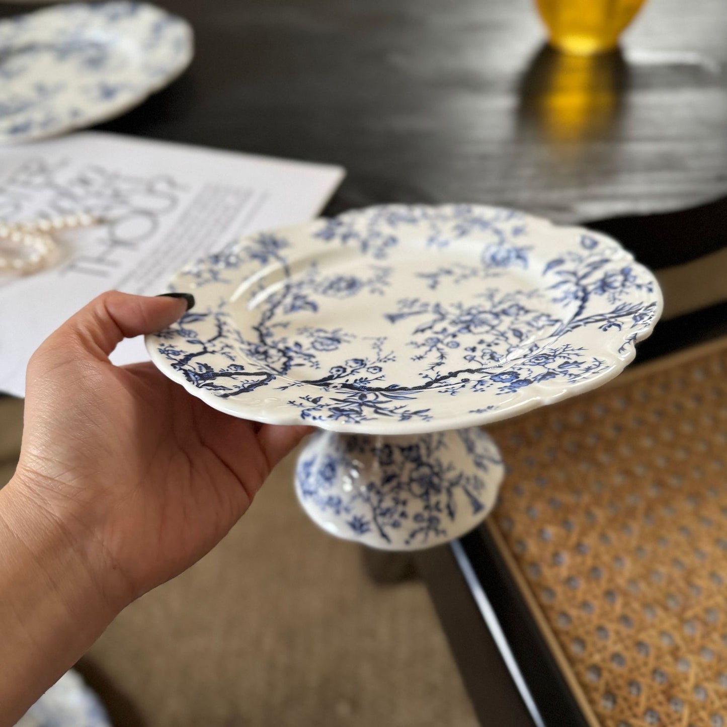 Vintage French embossed lace blue-and-white ceramic dinner plates, bowls and cups, tall plates, cups, and plates vintage series