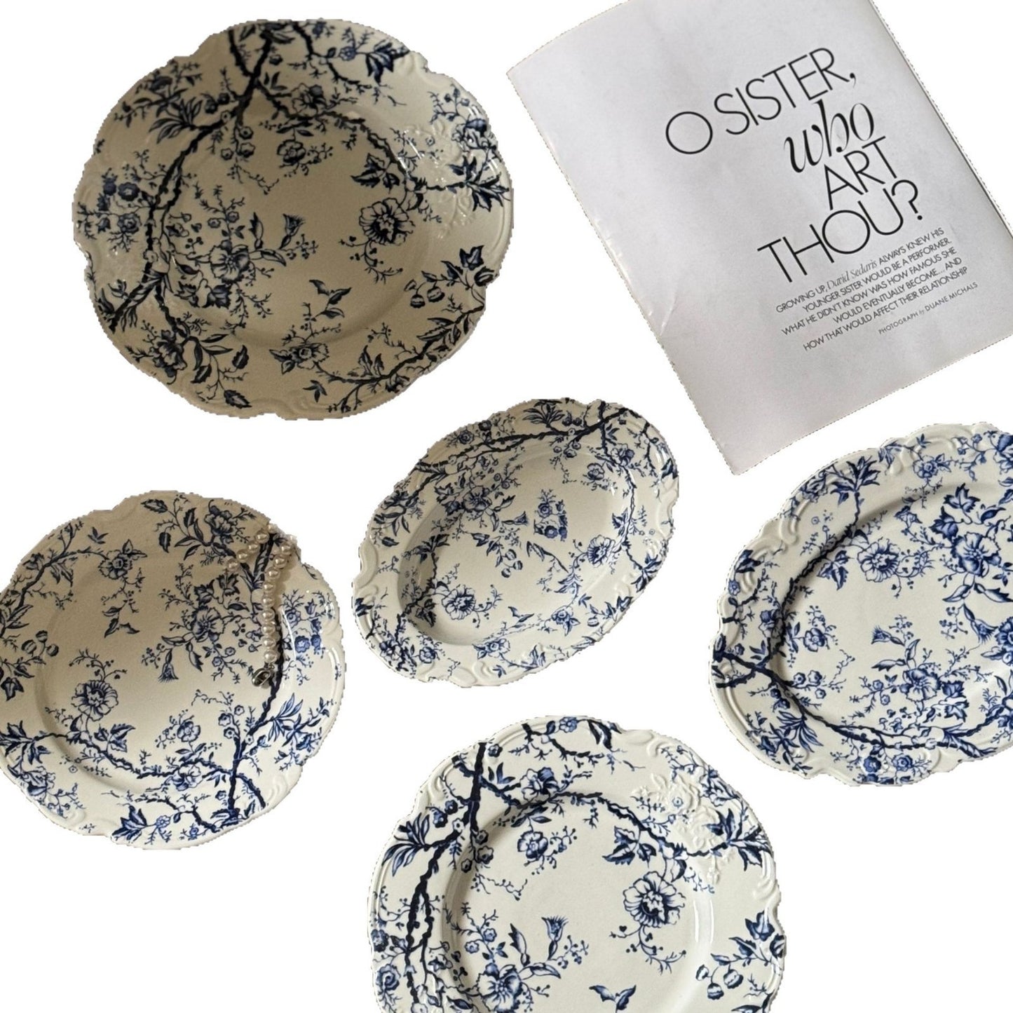Vintage French embossed lace blue-and-white ceramic dinner plates, bowls and cups, tall plates, cups, and plates vintage series