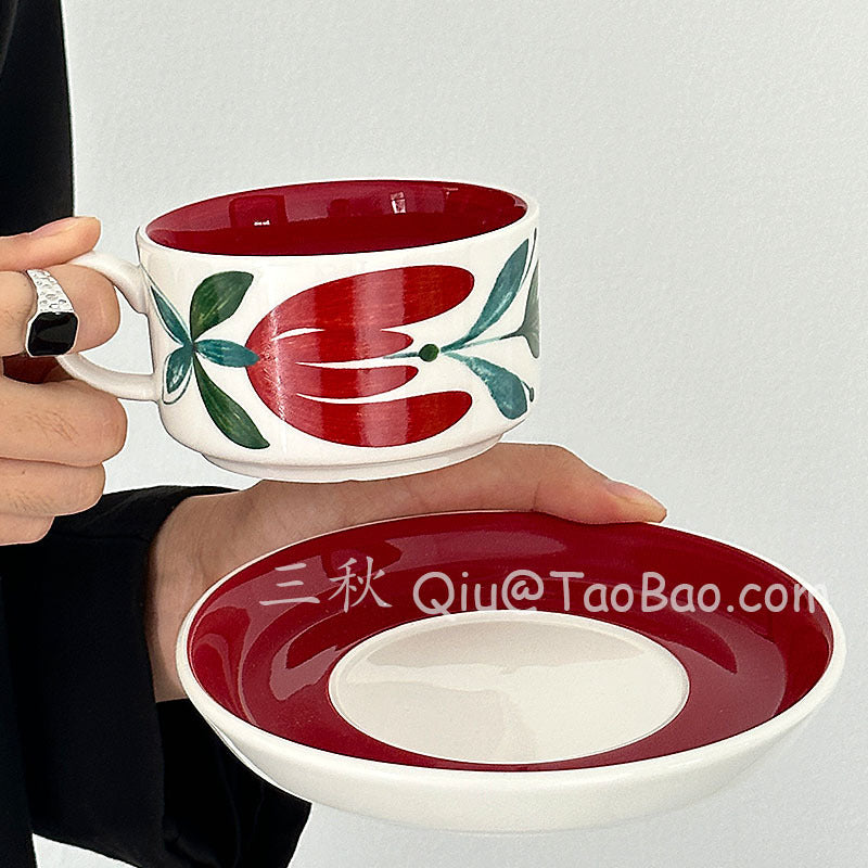 Sanqiu Sanq Vintage Hand-Painted Hibiscus Coffee Cup and Saucer, Vintage Style Afternoon Tea Cup Set Niche Gift