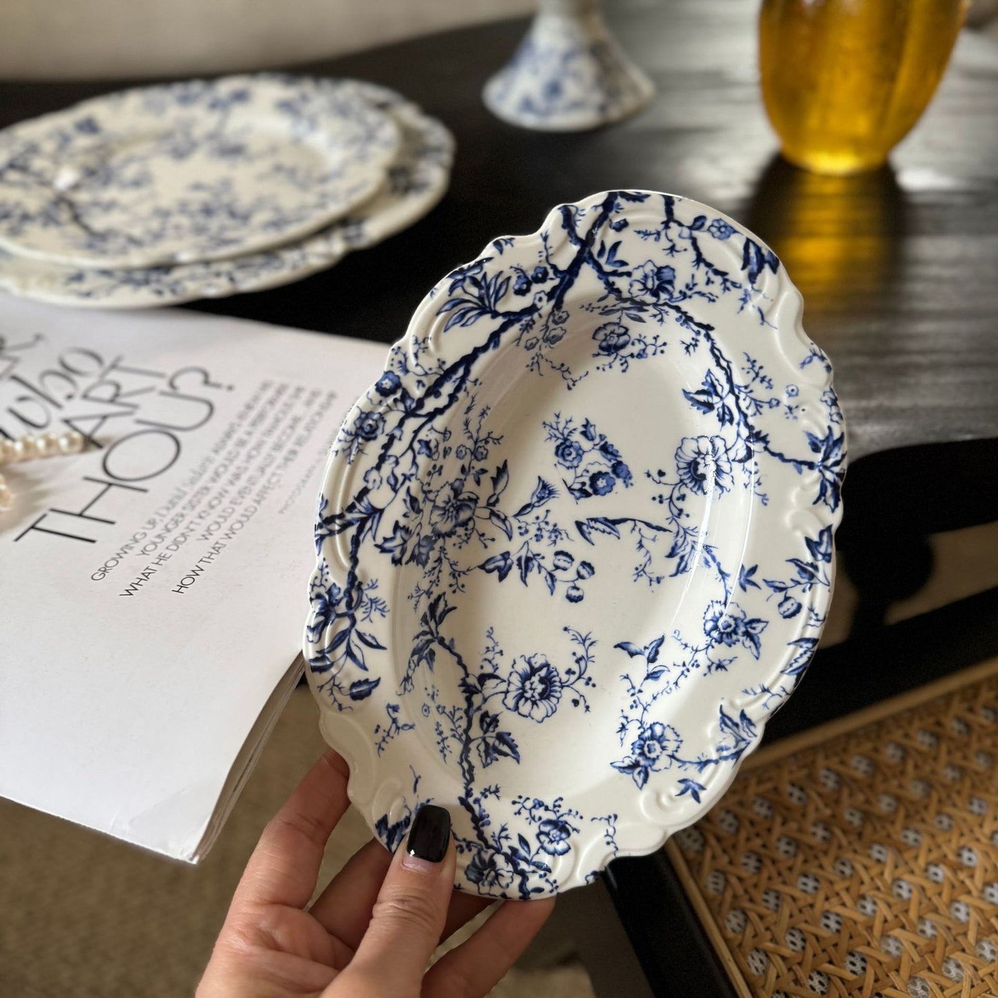 Vintage French embossed lace blue-and-white ceramic dinner plates, bowls and cups, tall plates, cups, and plates vintage series