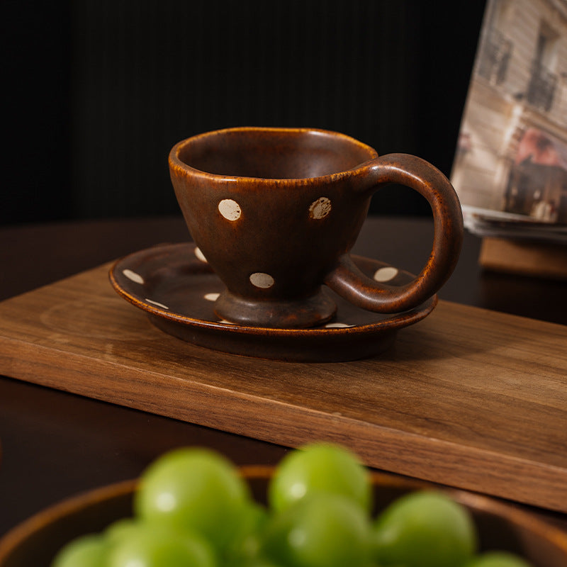 Meijiahui Handmade Ceramic Coffee Cup and Saucer Set White Point Coffee Vintage High-End Mugs and Saucers