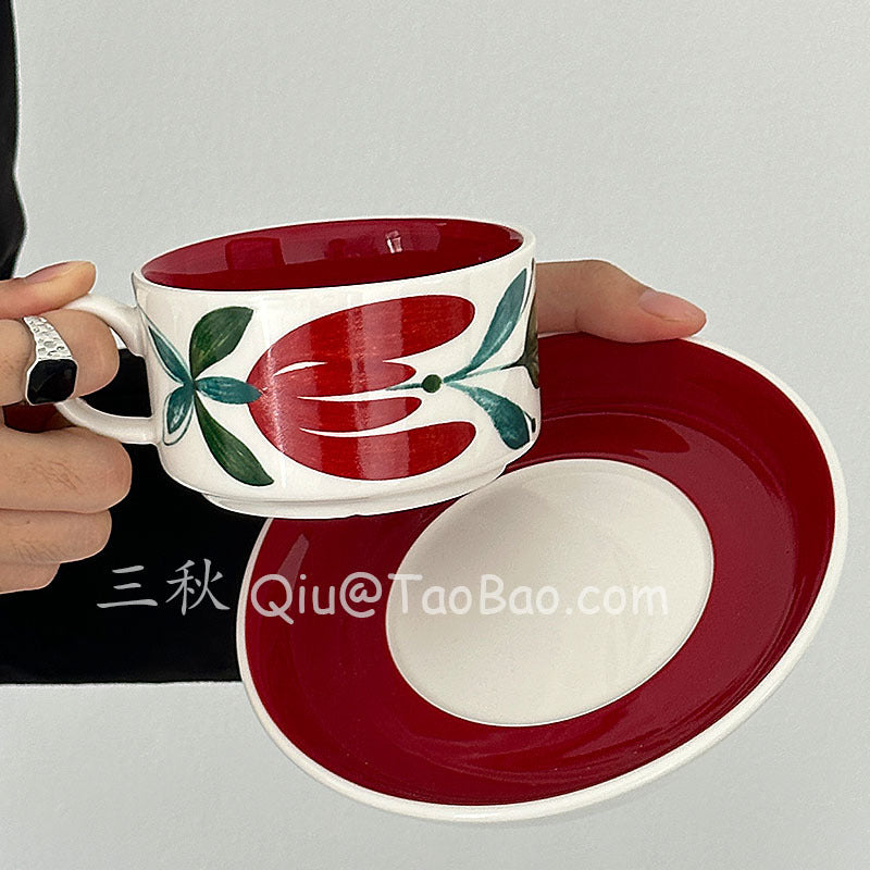 Sanqiu Sanq Vintage Hand-Painted Hibiscus Coffee Cup and Saucer, Vintage Style Afternoon Tea Cup Set Niche Gift
