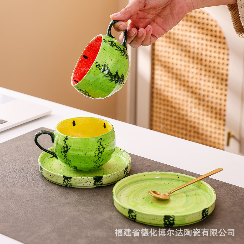 Cross-border high-value Japanese hand-painted underglaze watermelon coffee cup and saucer set, office home breakfast cup customization