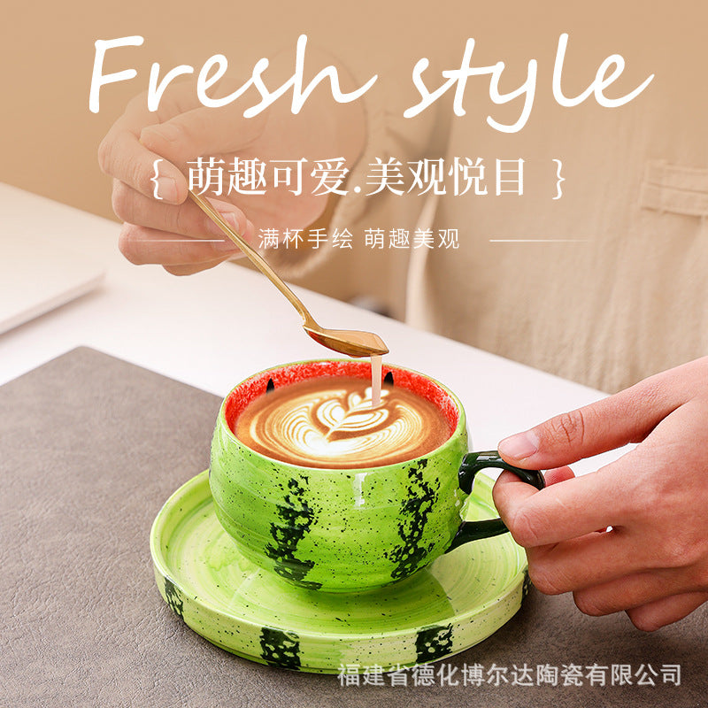 Cross-border high-value Japanese hand-painted underglaze watermelon coffee cup and saucer set, office home breakfast cup customization