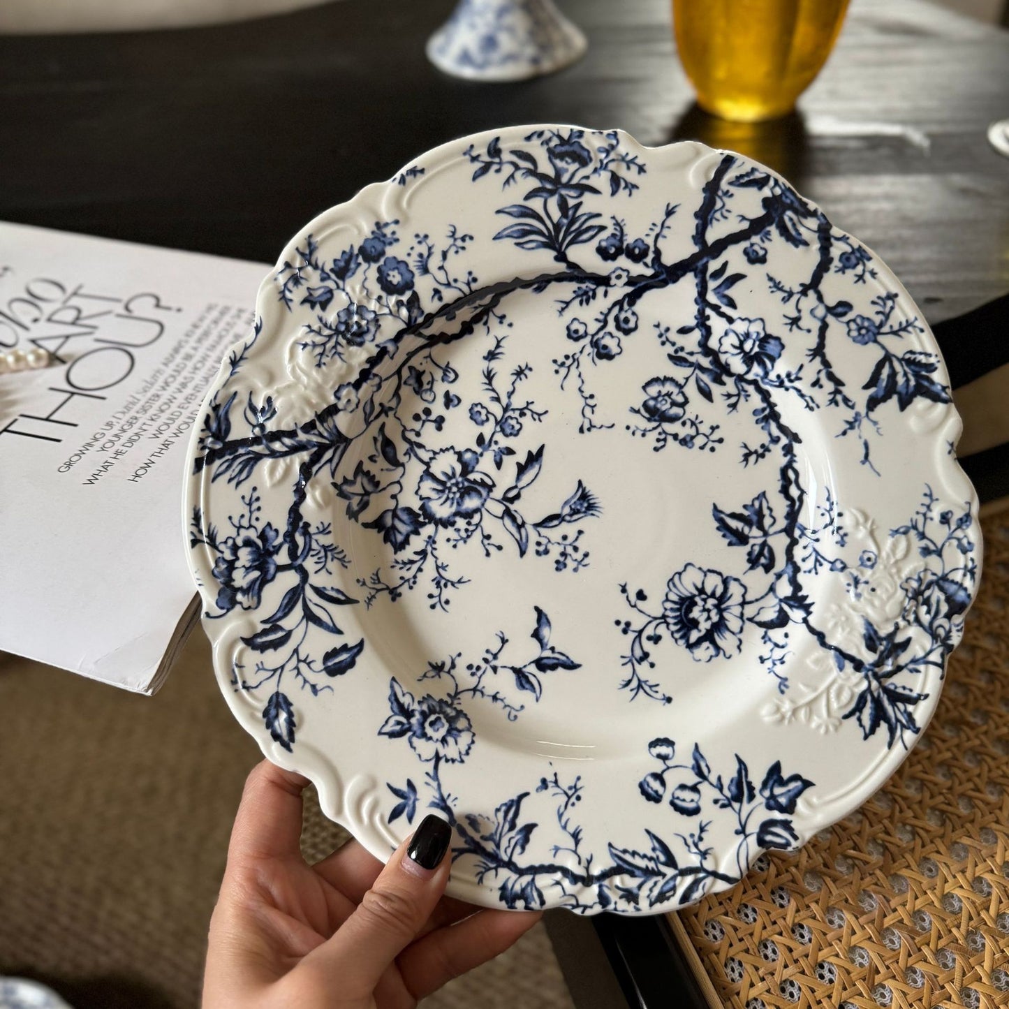Vintage French embossed lace blue-and-white ceramic dinner plates, bowls and cups, tall plates, cups, and plates vintage series