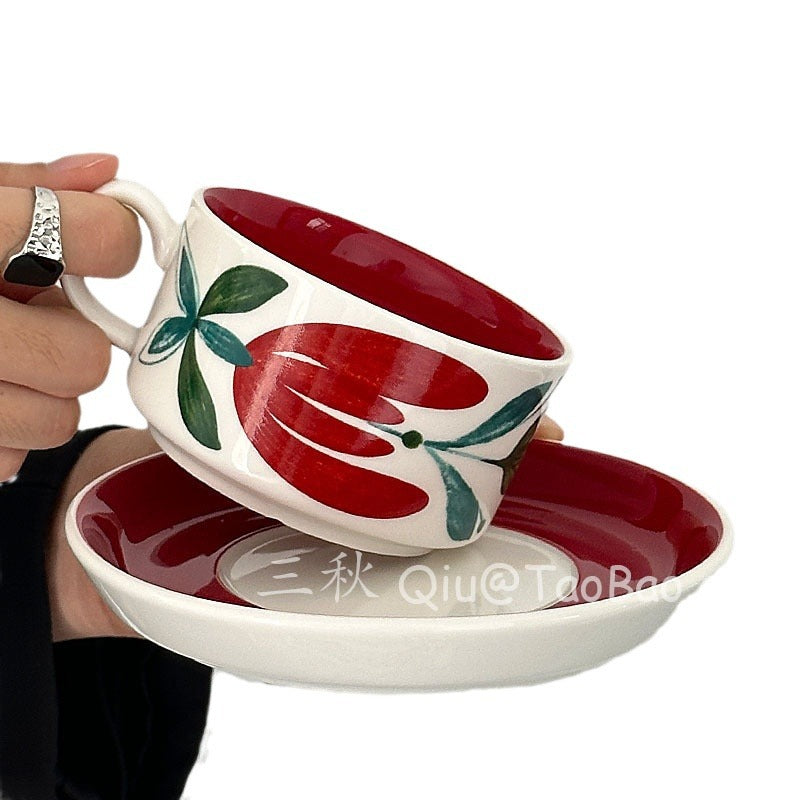 Sanqiu Sanq Vintage Hand-Painted Hibiscus Coffee Cup and Saucer, Vintage Style Afternoon Tea Cup Set Niche Gift