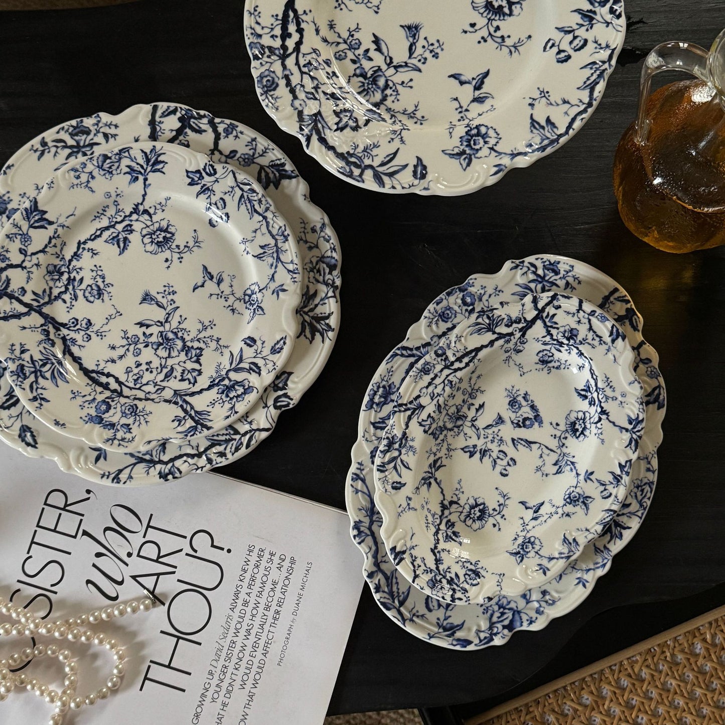 Vintage French embossed lace blue-and-white ceramic dinner plates, bowls and cups, tall plates, cups, and plates vintage series