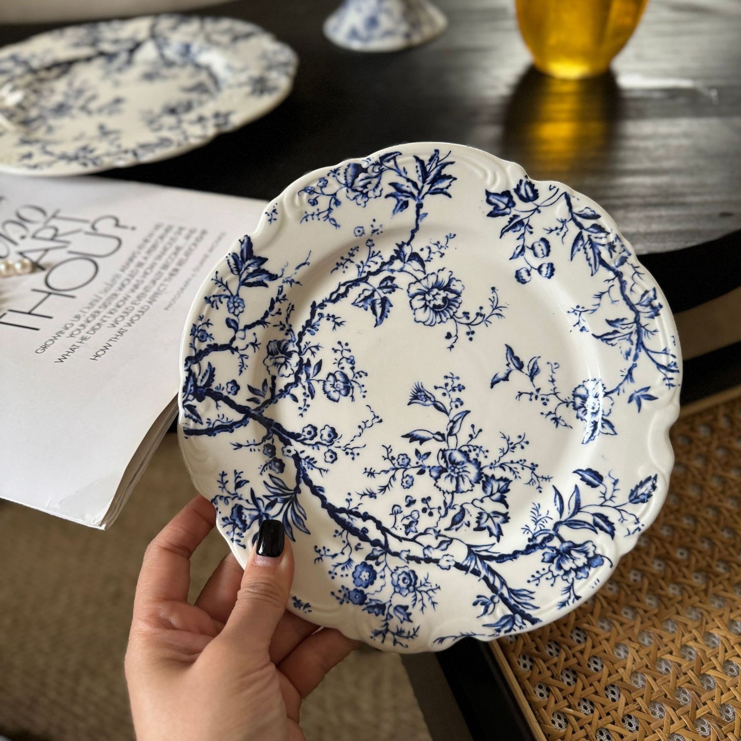 Vintage French embossed lace blue-and-white ceramic dinner plates, bowls and cups, tall plates, cups, and plates vintage series
