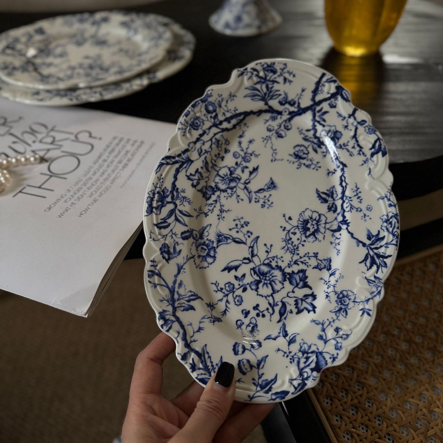 Vintage French embossed lace blue-and-white ceramic dinner plates, bowls and cups, tall plates, cups, and plates vintage series