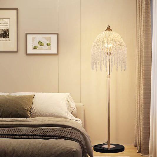 3-Light Elegant Crystal Floor Lamp Vintage Waterfall Design With Cascading Crystal Beads And Marble Texture Base For Living Room, Bedroom, Or Office Bulb Not Included
