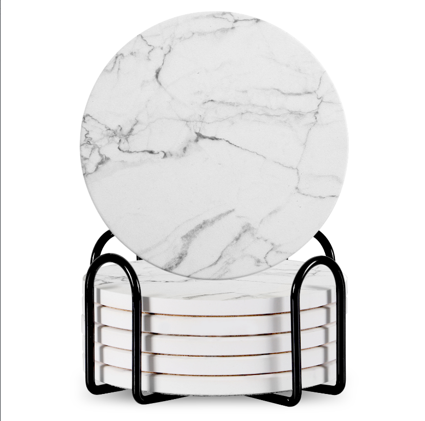 Set Of 6 Beverage Coasters With Stand Round 4in Ceramic Coaster With Metal Stand Absorbent Marble Stone Coaster With Cork Base