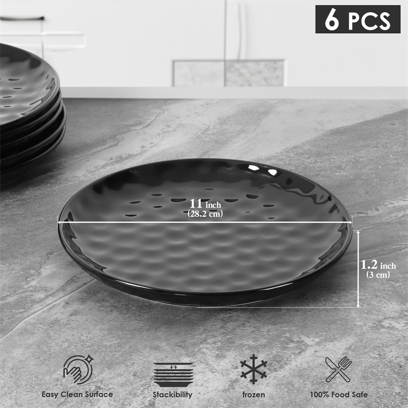 11 Inch Ceramic Plate Black Noble  Elegant Hammered  6-piece Set  For  Parties Family Dinners