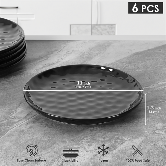 11 Inch Ceramic Plate Black Noble  Elegant Hammered  6-piece Set  For  Parties Family Dinners