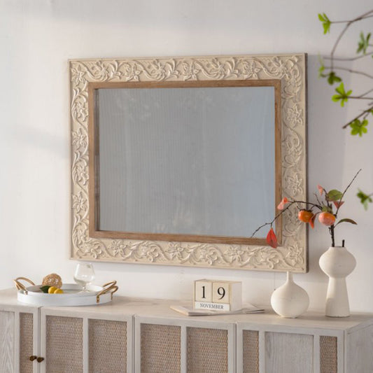 Vintage Carved Pattern Rectangular Wall Mirror, Ornate Frame For Living Room Bedroom Retro Decor