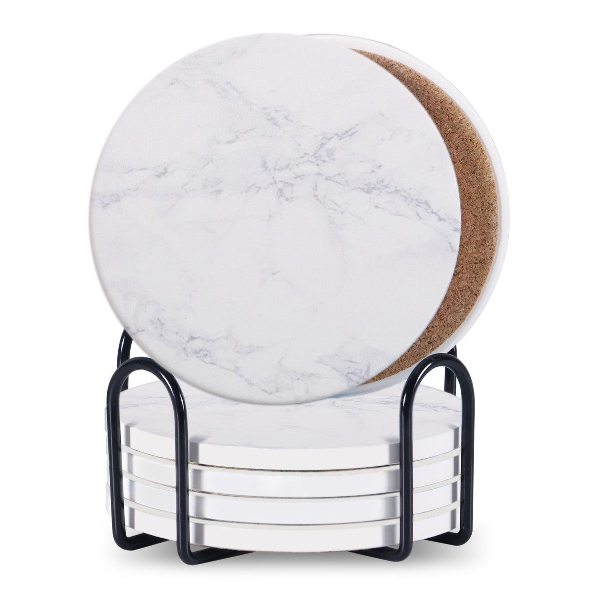 Set Of 6 Beverage Coasters With Stand Round 4in Ceramic Coaster With Metal Stand Absorbent Marble Stone Coaster With Cork Base