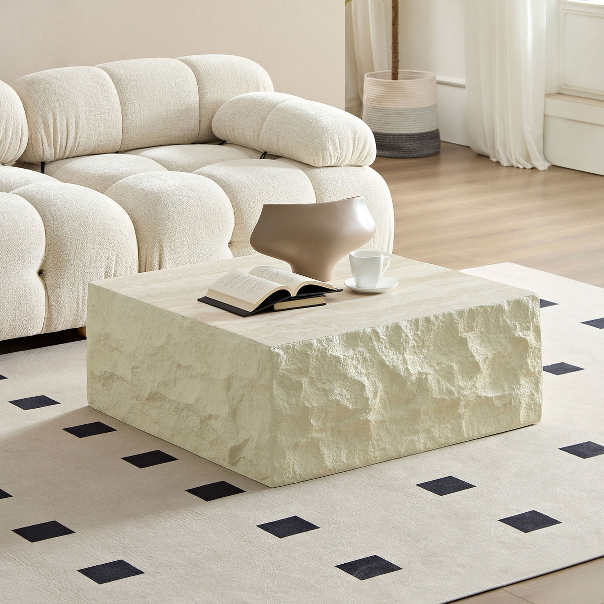 Fiberglass Square Center Coffee Table For Living Room 35.43'' Vintage Table,Imitation Stone Table Front Of The Sofa,Modern Design Coffee Table For Office,Apartment,No Need Assembly