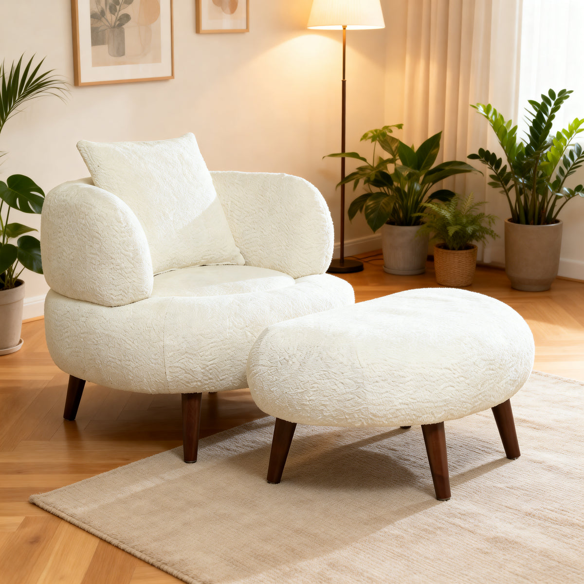 Nordic Style Lazy-Style Clubchair 36 Inches  Chenille Fabric Bucket Chair   Decorative Chair  Soft Cushion With Pillow  With Ottoman  For Living Room  Study  And Relaxation Room  White