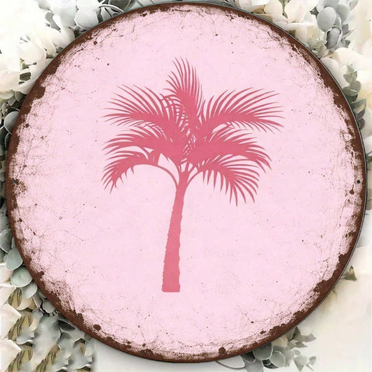 8x8in Vintage Palm Tree Round Sign Hawaiian Pool Bar Decor